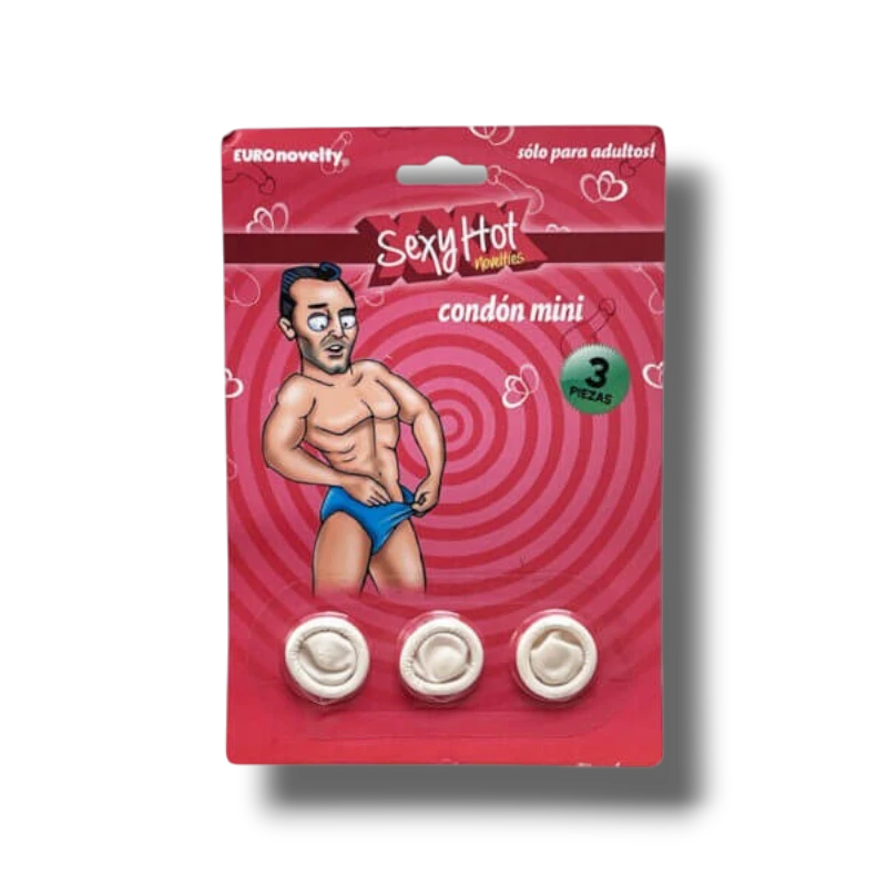 Empaque de PartyStore con tres condones de broma mini en color blanco sobre fondo rojo con ilustración de hombre