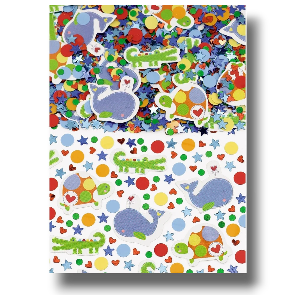 Confeti PartyStore con formas de delfines, cocodrilos y tortugas multicolor para decoración de fiestas infantiles