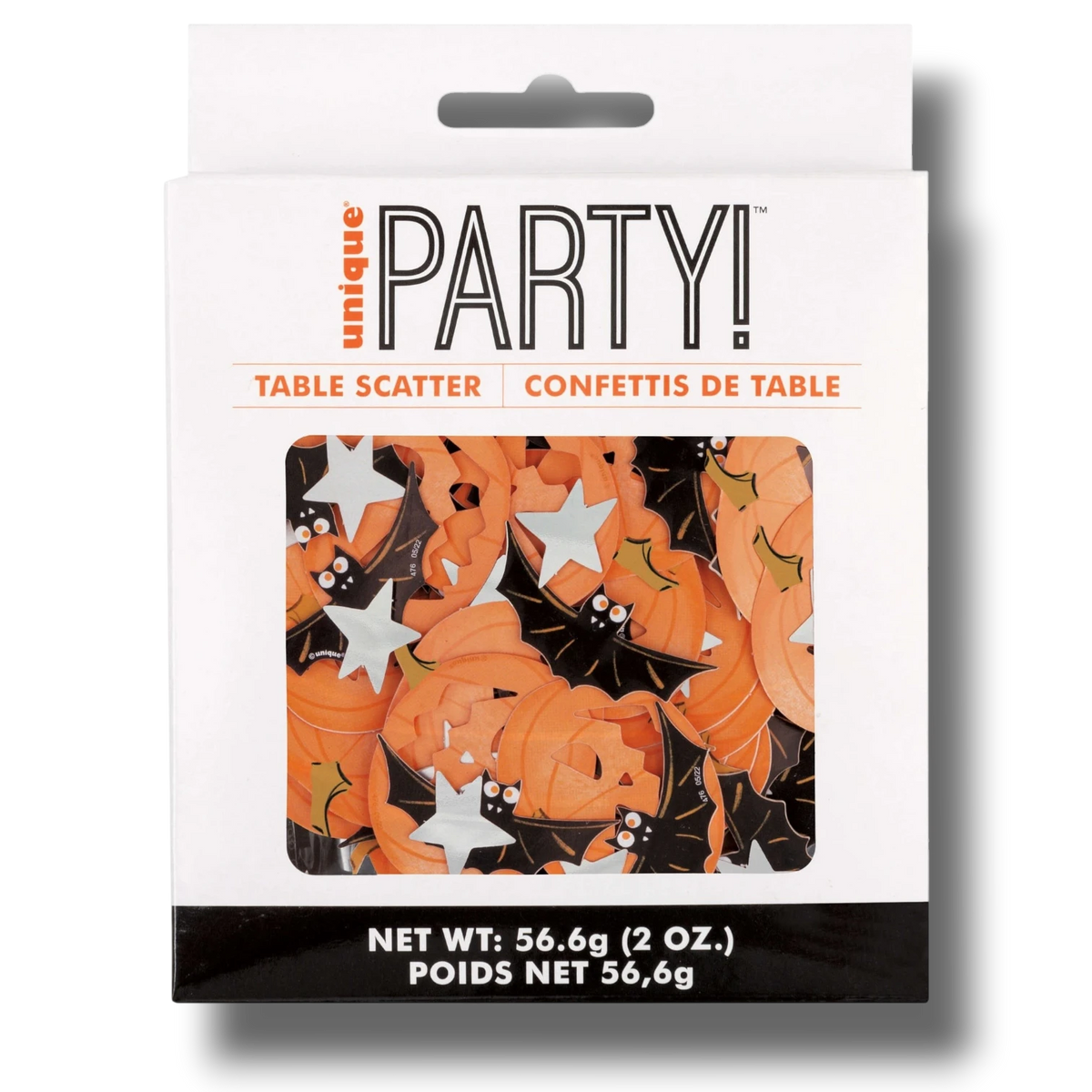 Confeti de Halloween PartyStore con formas de calabazas naranjas, murciélagos negros y estrellas plateadas