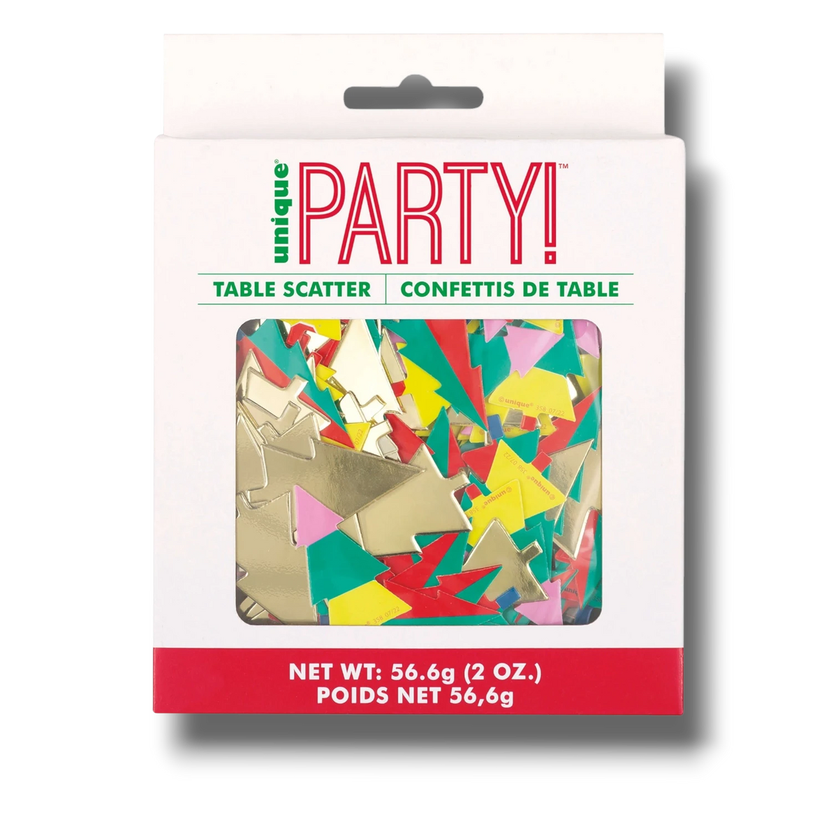 Confeti navideño PartyStore con formas de árboles en colores vibrantes, dorado, rojo y verde para decoración de mesa