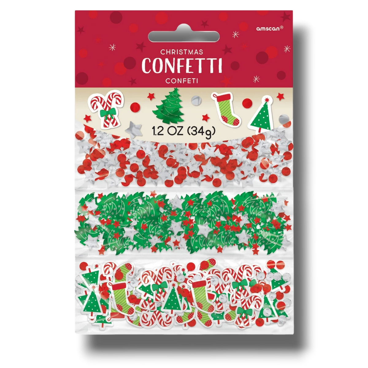Confeti navideño PartyStore con formas de bastones de caramelo, árboles y calcetines en colores rojo, verde y blanco.