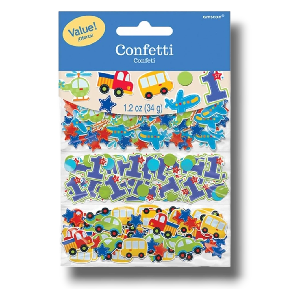 Confeti PartyStore para primer año de niño con figuras de vehículos, aviones y números uno en colores vivos