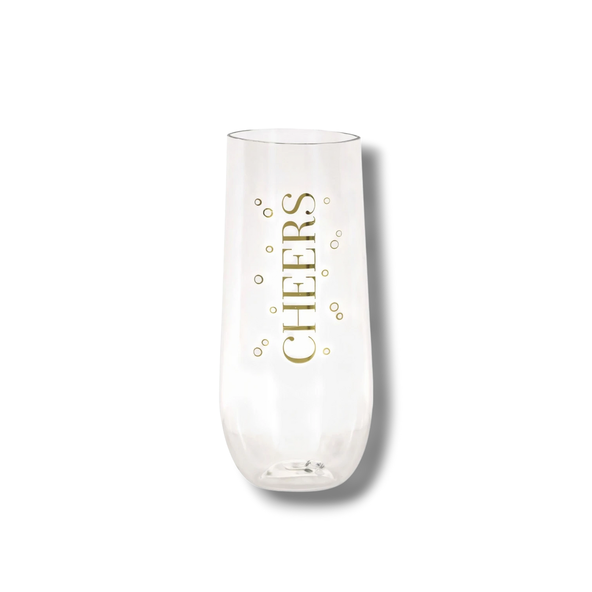 Copa de champán PartyStore de 9oz transparente con la palabra Cheers en letras doradas y detalles de burbujas