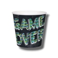 Cubo para snacks PartyStore con diseño de videojuego Game Over en tonos azules y verdes sobre fondo negro