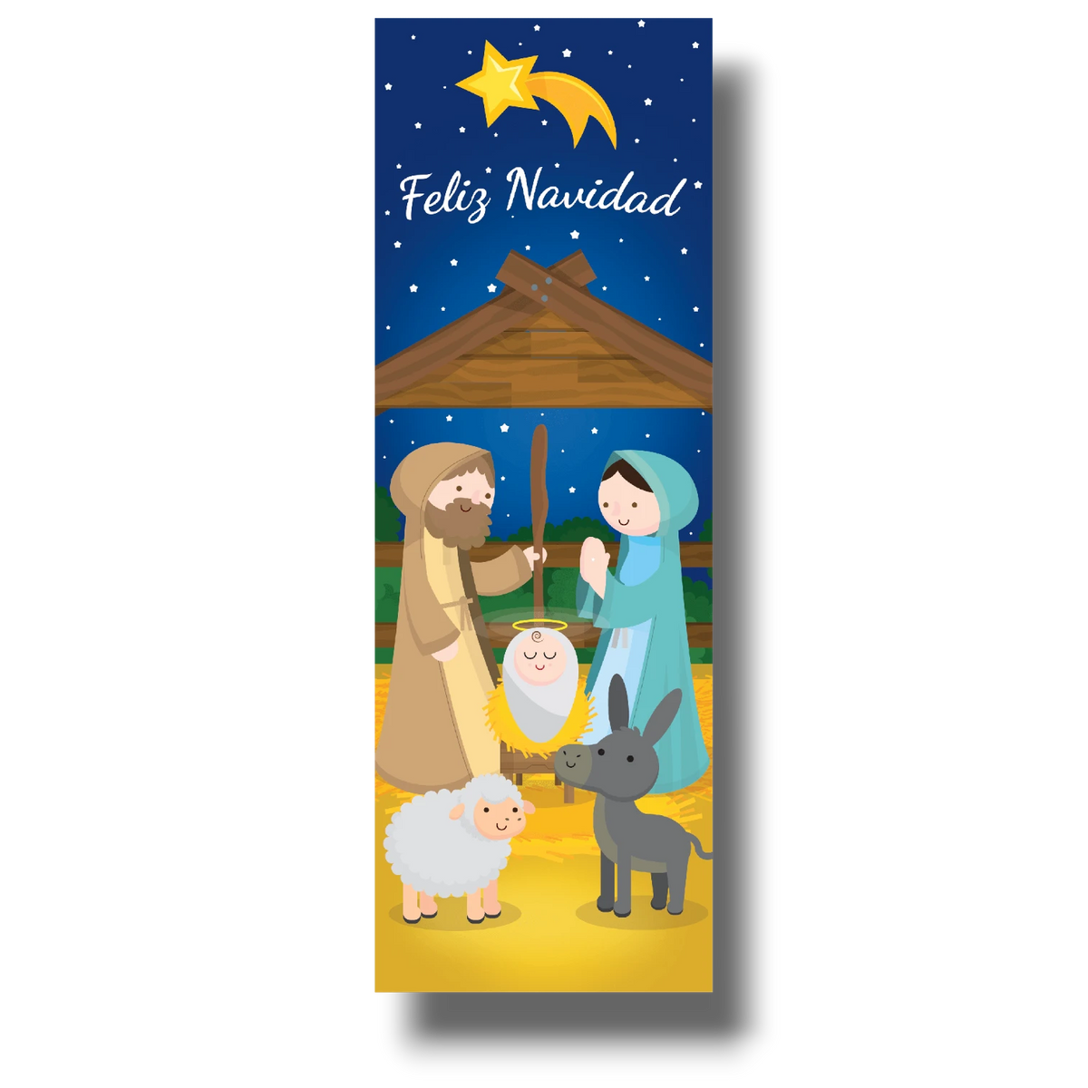 Decoración de puerta PartyStore con diseño de nacimiento navideño, figuras de José, María y el niño Jesús.