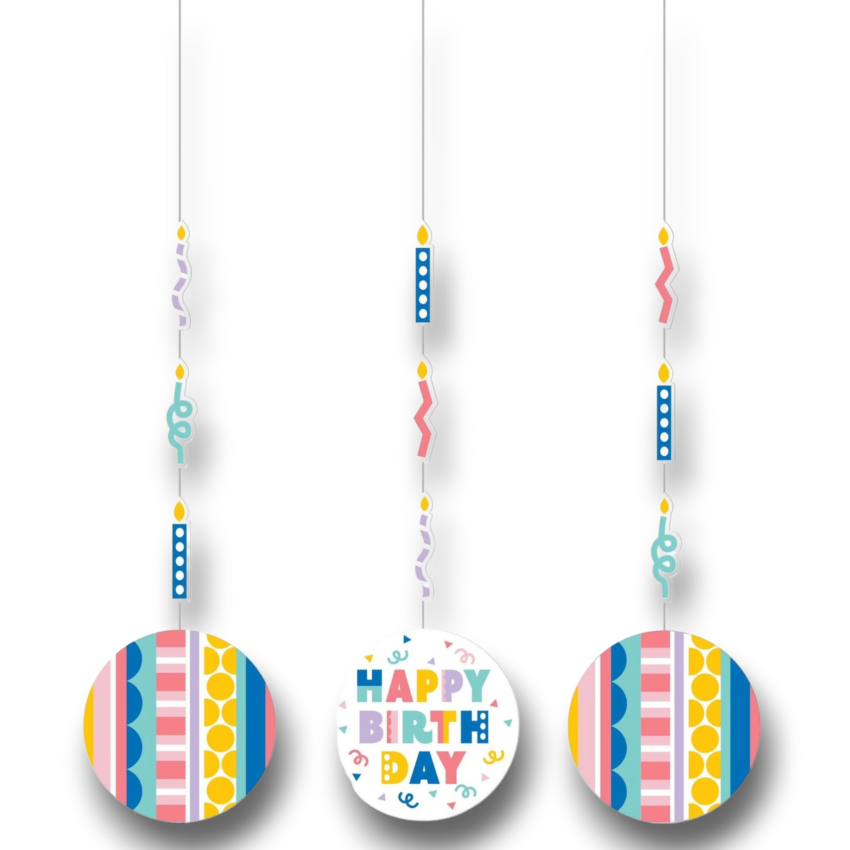 Decoraciones colgantes PartyStore con velas coloridas y diseño de Happy Birthday para fiestas de cumpleaños