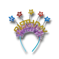 Diadema PartyStore de cumpleaños con letras brillantes, estrellas de colores y flecos metálicos morados