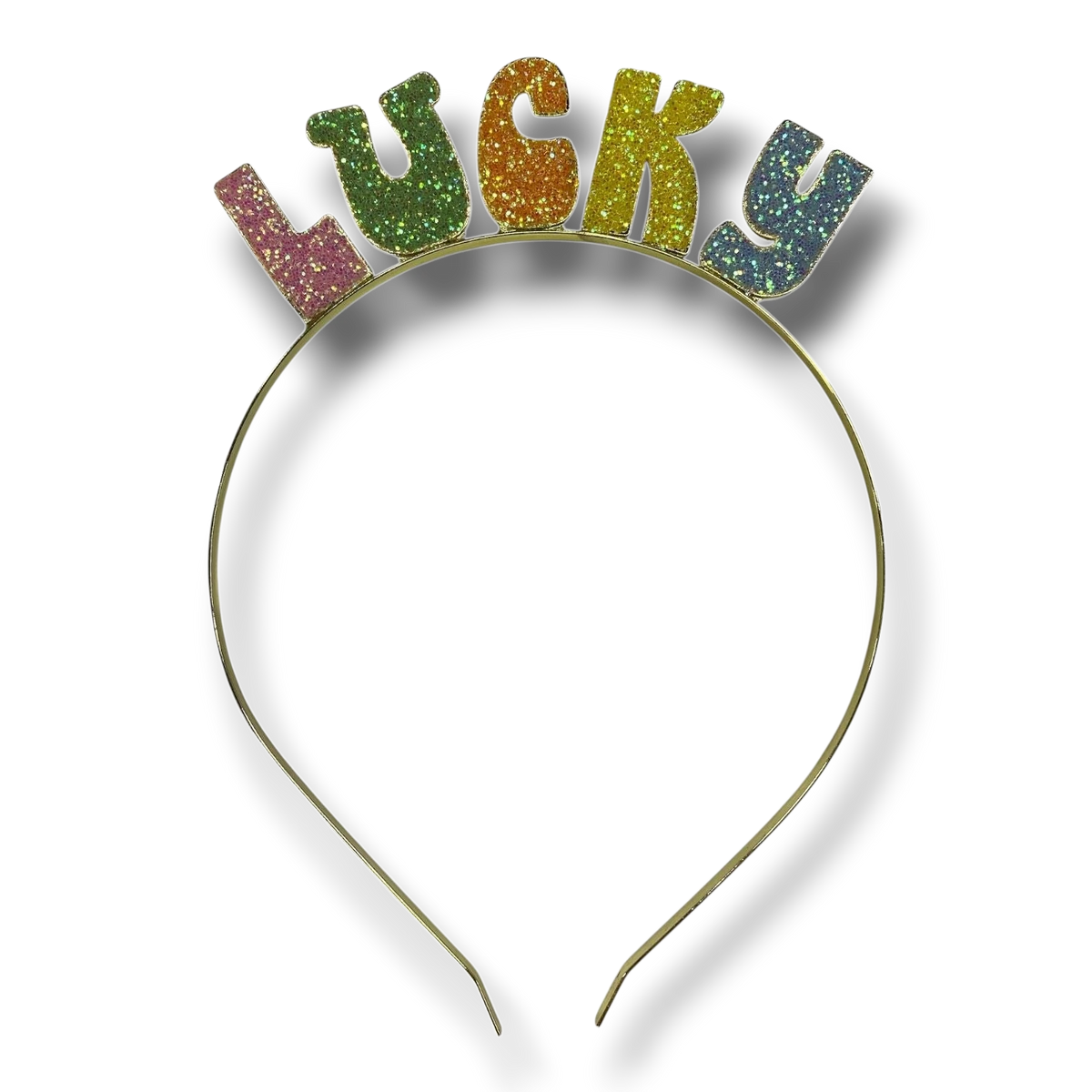 Diadema PartyStore con letras multicolores brillantes que forman la palabra LUCKY sobre una estructura dorada