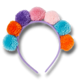Diadema PartyStore con pompones de lana suaves y coloridos sobre una banda morada para fiestas infantiles