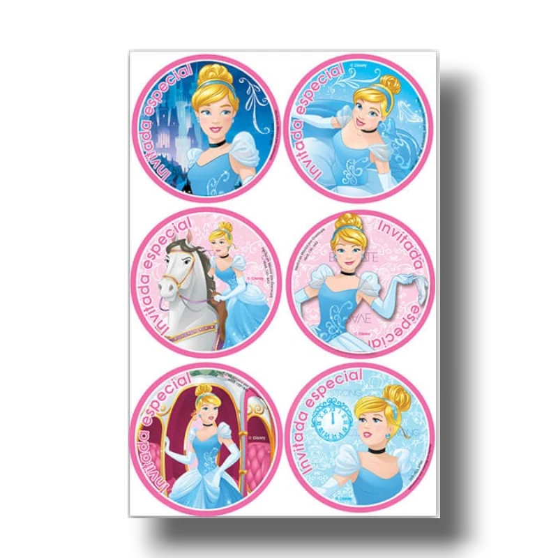 Set de 24 distintivos redondos PartyStore con ilustraciones de Cenicienta y texto Invitada Especial en tonos rosas