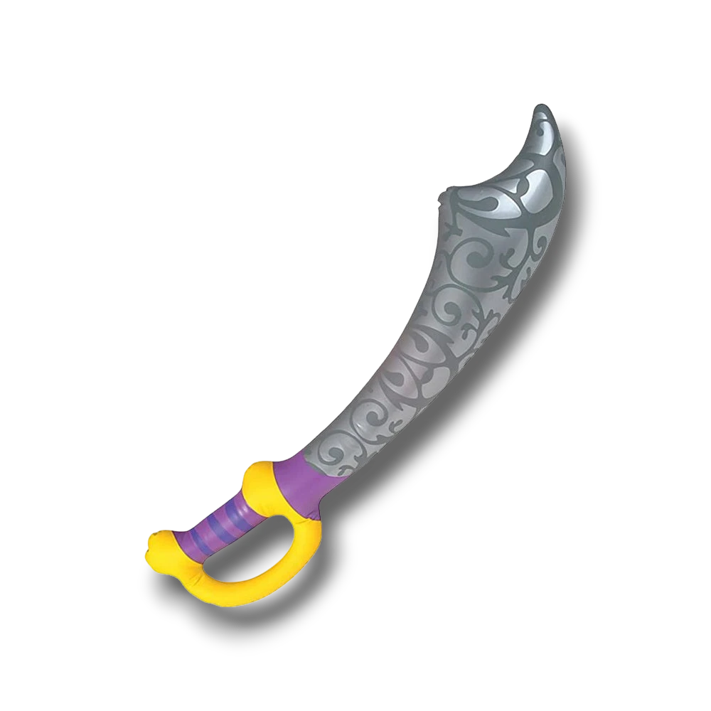 Espada de pirata inflable PartyStore de color gris con detalles plateados, empuñadura morada y protector amarillo