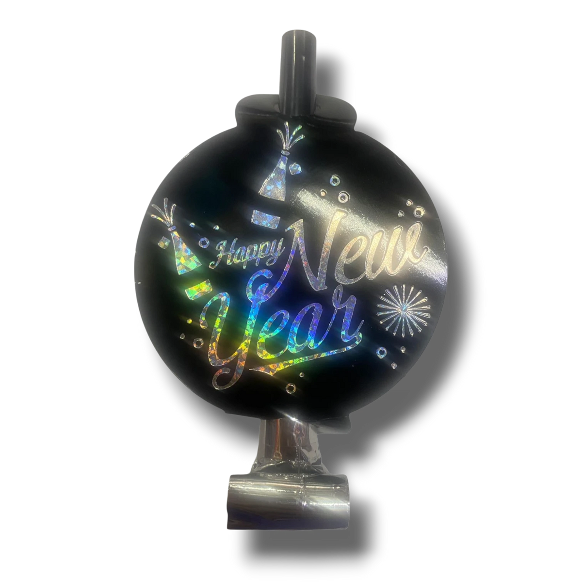 Espantasuegra PartyStore de color negro con diseño holográfico Happy New Year y detalles de fuegos artificiales