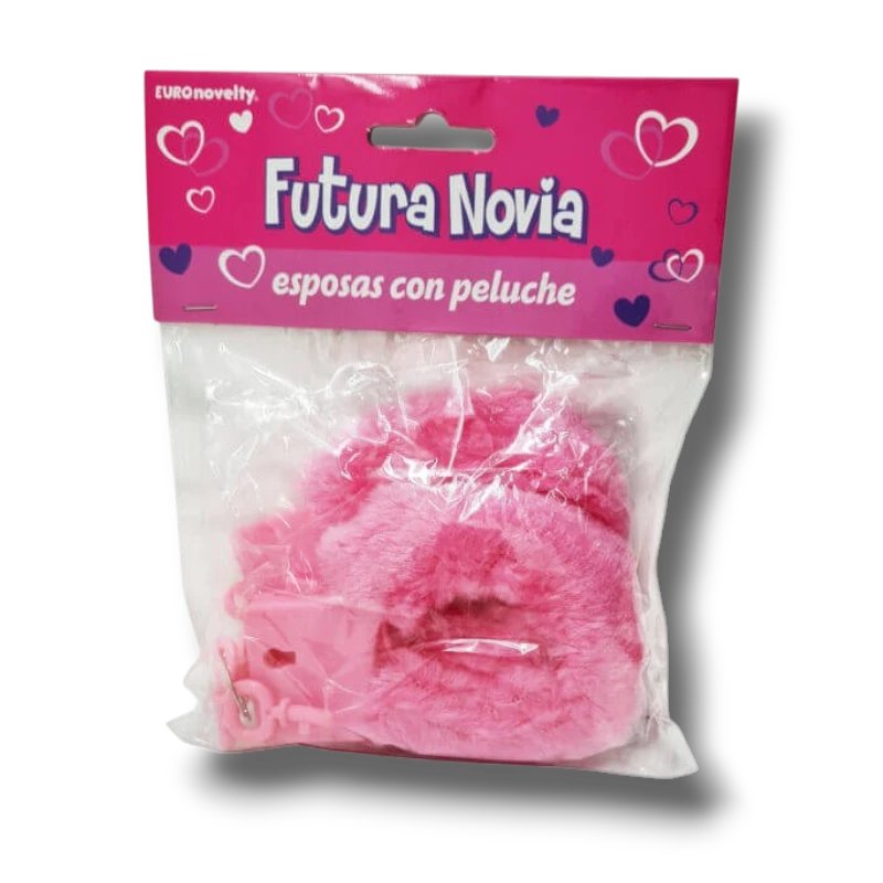 Esposas de peluche rosa para despedida de soltera PartyStore en empaque original con diseño de corazones