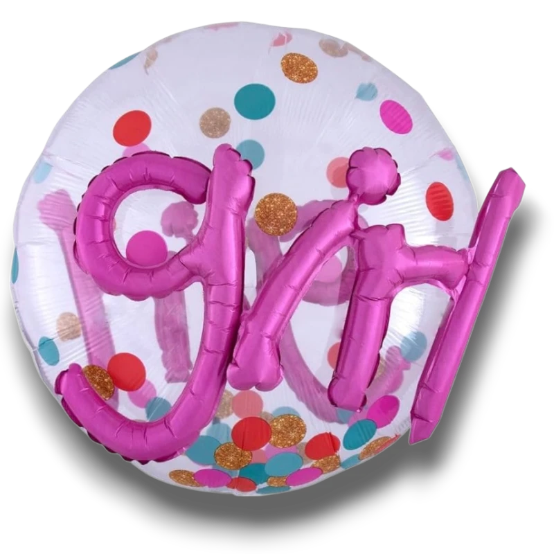 Globo PartyStore de 36 pulgadas con diseño transparente, confeti colorido y letras metálicas fucsias que dicen Girl