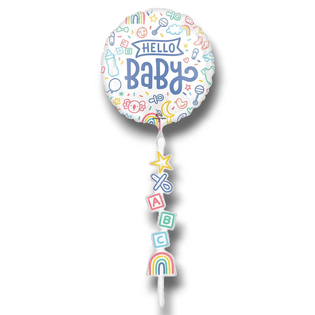 Globo PartyStore Airwalker Hello Baby con diseño de iconos infantiles coloridos y bloques de letras ABC