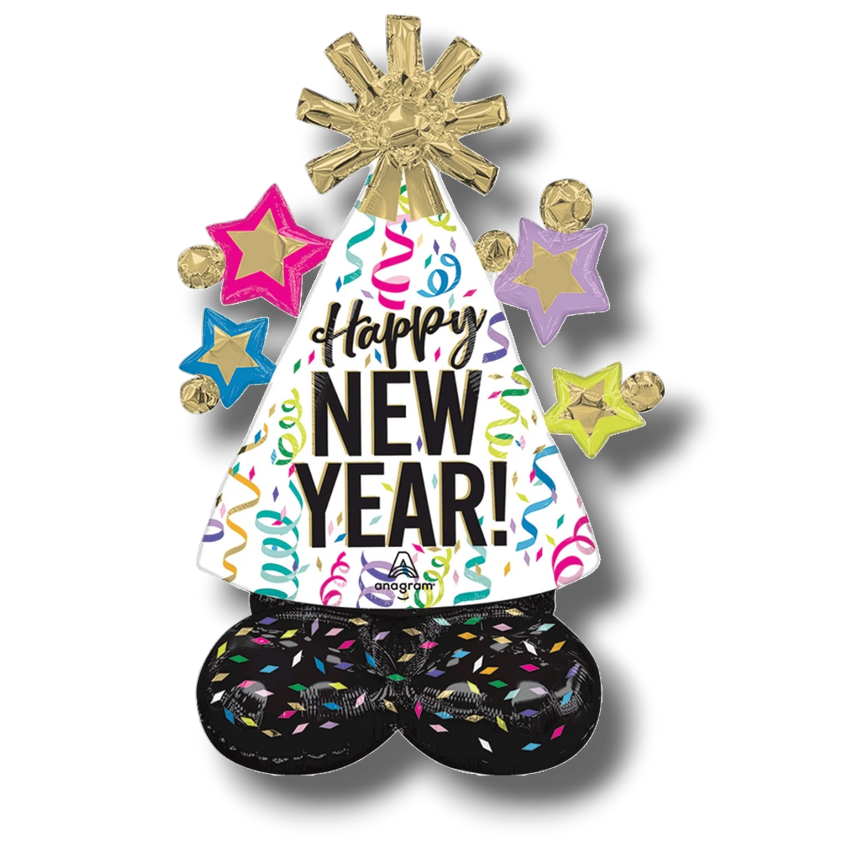 Globo Airloonz PartyStore de Año Nuevo con diseño de gorro festivo, confeti colorido y estrellas decorativas