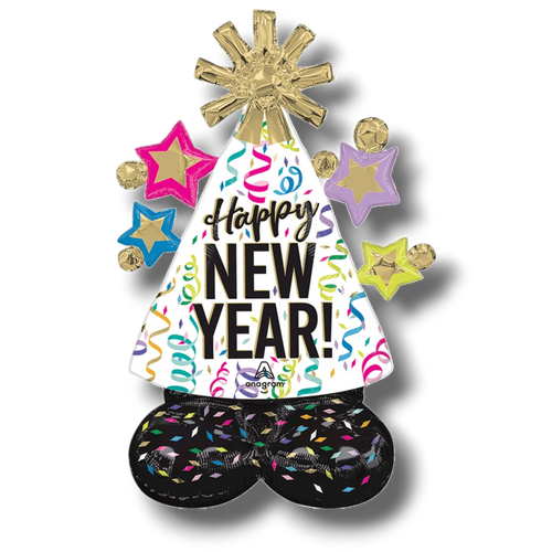 Globo Airloonz PartyStore de Año Nuevo con diseño de gorro festivo, confeti colorido y estrellas decorativas