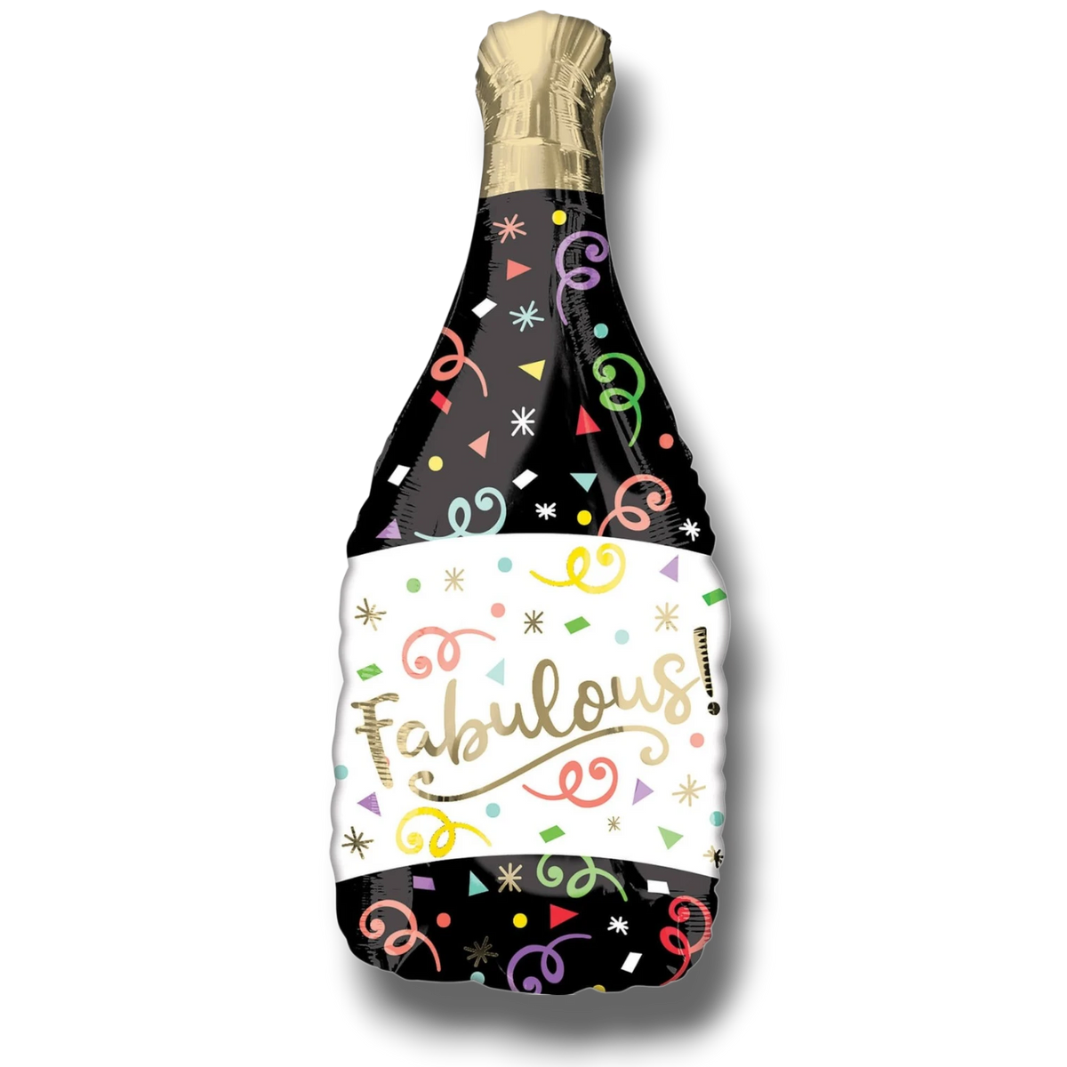 Globo metalizado PartyStore de 36 pulgadas con forma de botella de champán, diseño negro con confeti y texto Fabulous