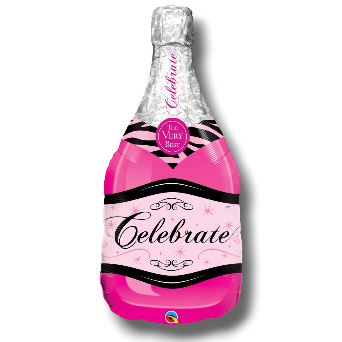Globo metalizado PartyStore de 36 pulgadas con forma de botella de champán rosa y detalles en negro y plateado