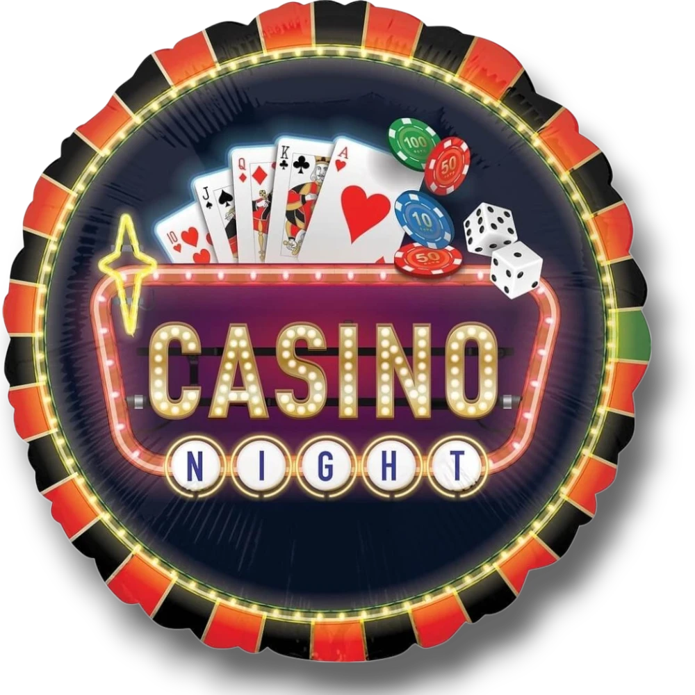 Globo redondo de 36 pulgadas PartyStore con diseño de noche de casino, cartas de póker, dados y fichas de apuesta.