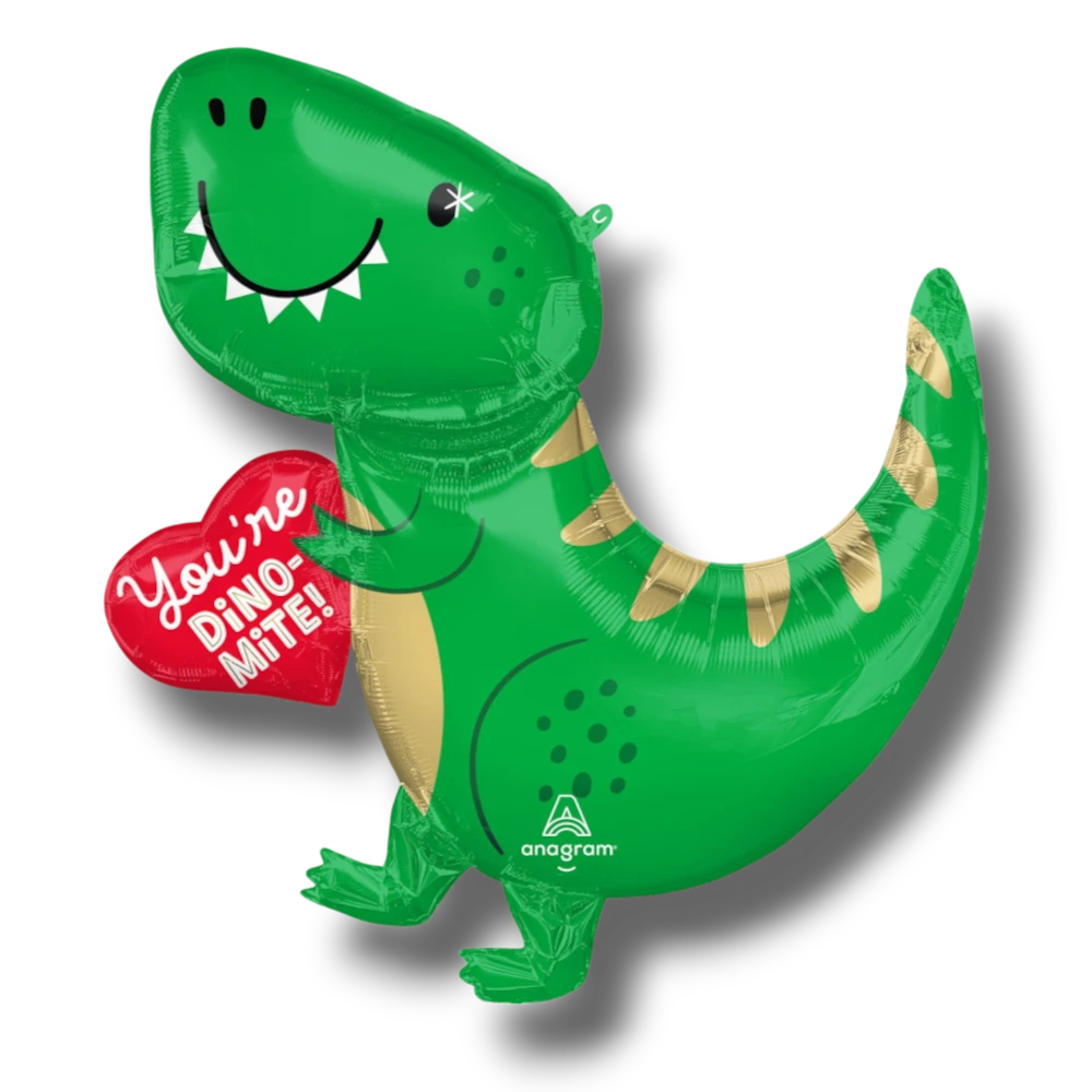 Globo de aluminio PartyStore con forma de dinosaurio verde sosteniendo un corazón rojo con el texto You're Dino Mite