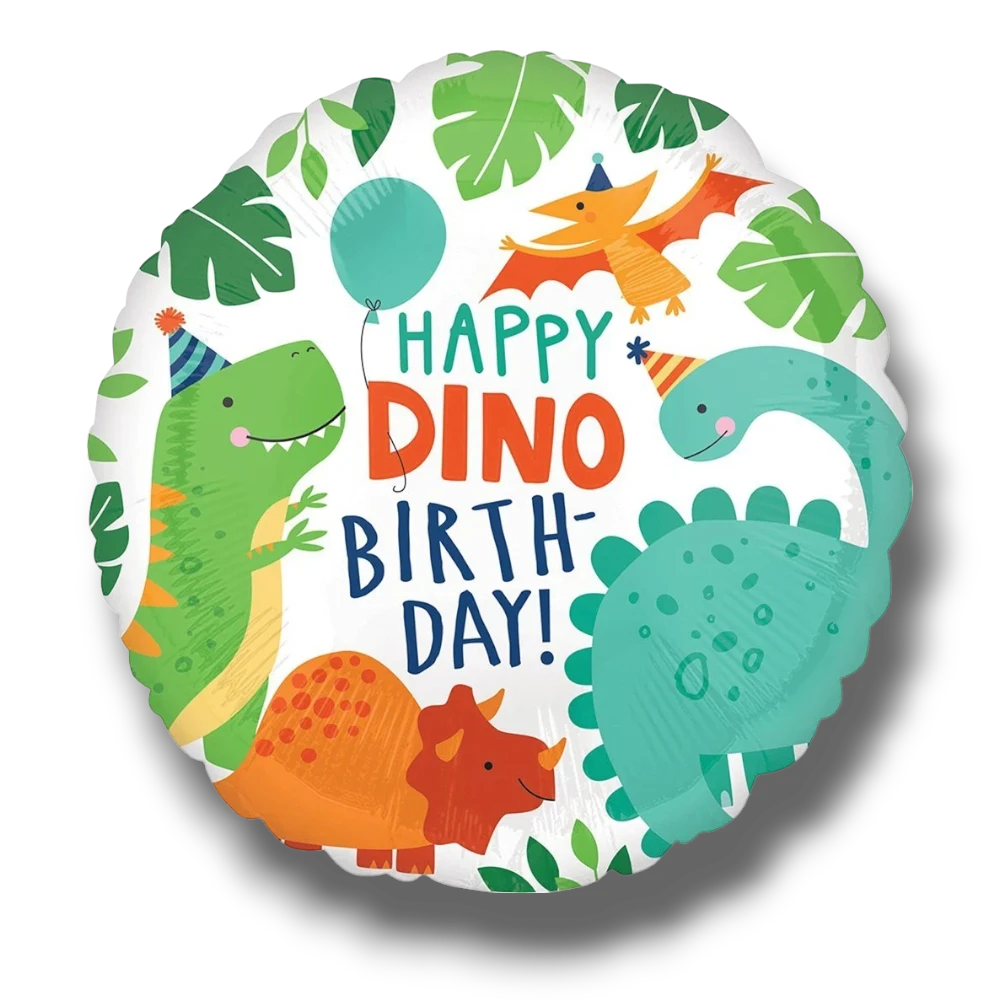 Globo redondo PartyStore de 18 pulgadas con diseño de dinosaurios coloridos y texto Happy Dino Birthday