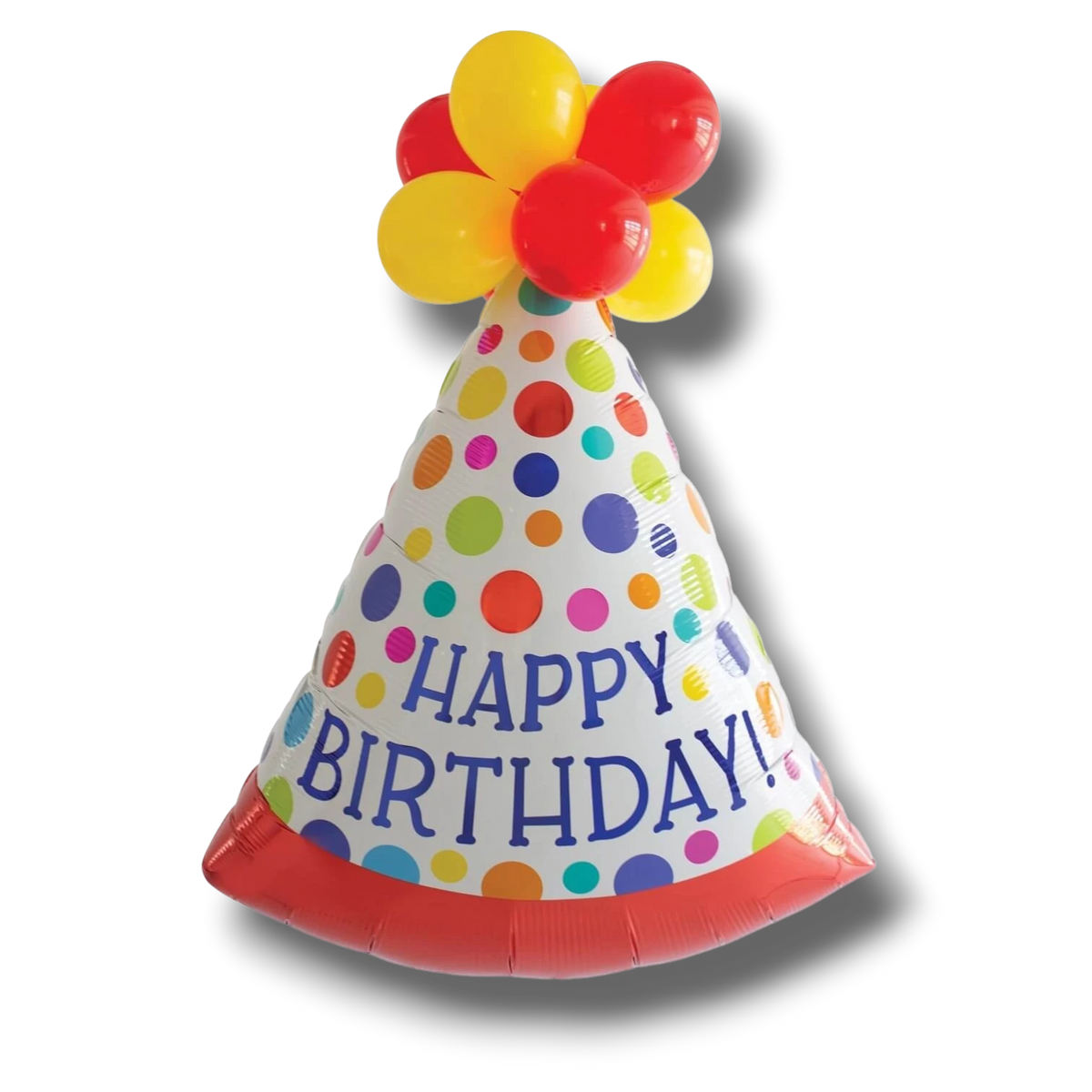 Globo de fiesta PartyStore de 36 pulgadas con forma de gorro de cumpleaños, lunares coloridos y globos en la punta.