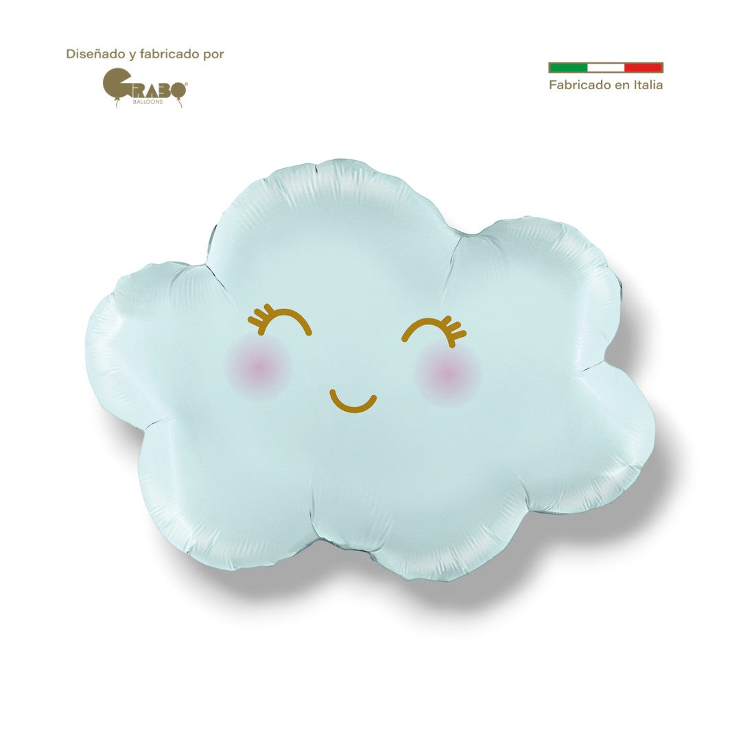 Globo de aluminio PartyStore en forma de nube color azul pastel con cara sonriente y mejillas rosadas de 24 pulgadas