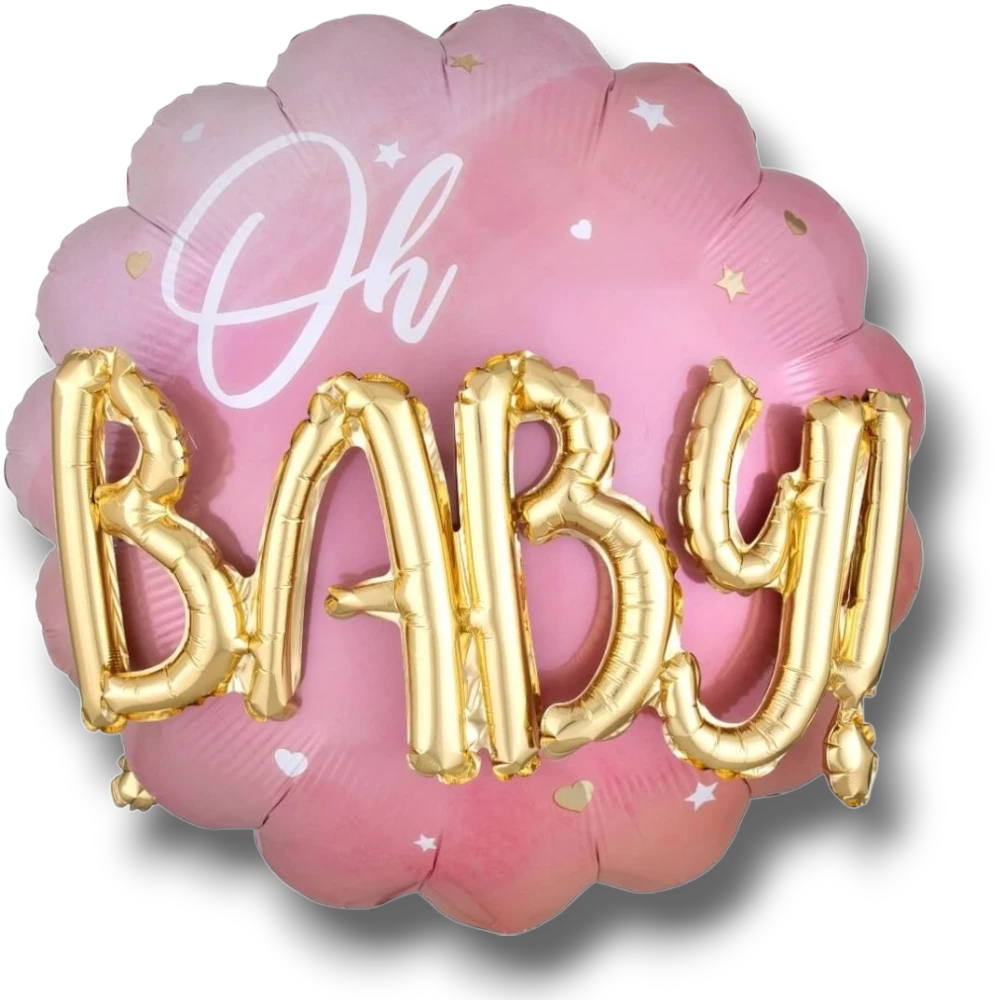 Globo PartyStore de 36 pulgadas rosa con estrellas blancas y letras doradas Oh Baby para baby shower