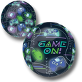 Globo esférico Orbz Game On de PartyStore con diseño de mandos de videojuegos en colores neón sobre fondo oscuro