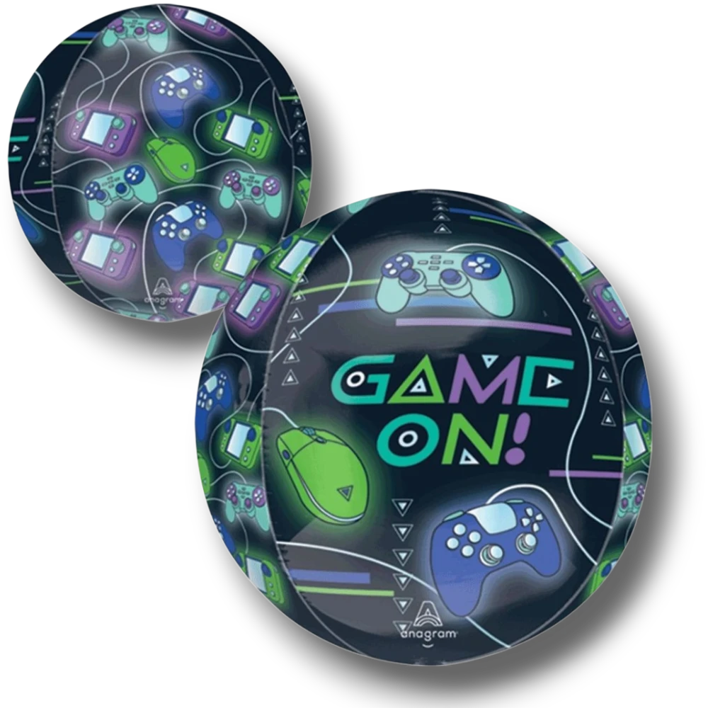 Globo esférico Orbz Game On de PartyStore con diseño de mandos de videojuegos en colores neón sobre fondo oscuro