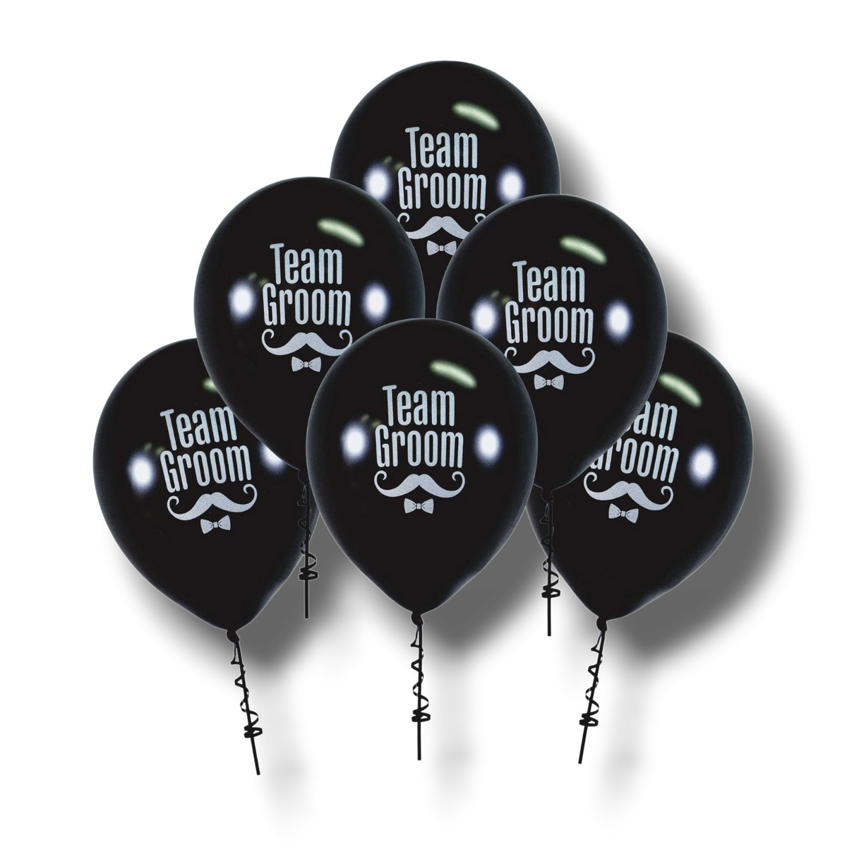 Set de 6 globos negros PartyStore con estampado blanco Team Groom, bigote y pajarita para despedida de soltero