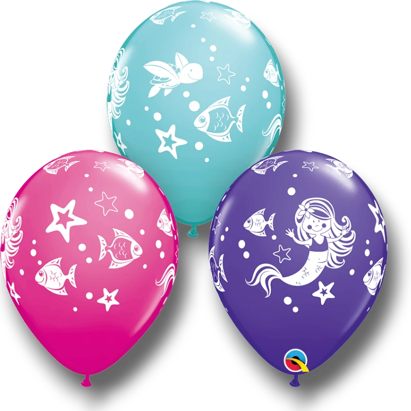 Globos de látex PartyStore de 12 pulgadas con diseño de sirena, peces y estrellas en colores rosa, azul y morado