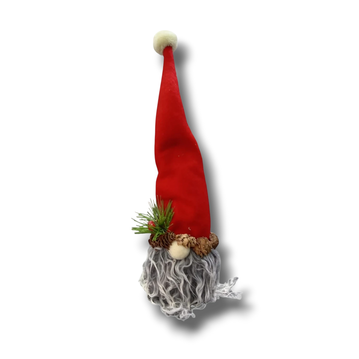 Gnomo decorativo PartyStore con gorro rojo alto, barba gris rizada y detalles de piñas y ramas de pino navideño