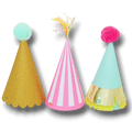 Set de 3 gorritos de papel PartyStore con diseños festivos, colores brillantes, pompones y detalles metalizados