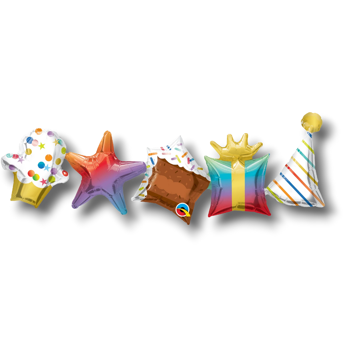 Guirnalda de globos de cumpleaños PartyStore con formas de cupcake, estrella, pastel, regalo y gorro festivo