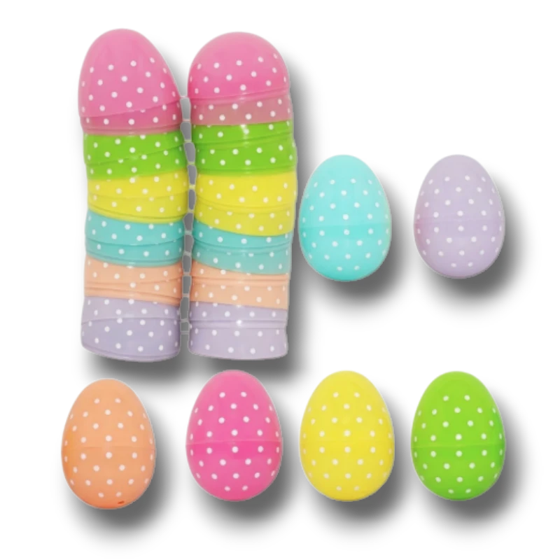 Huevos de Pascua de plástico PartyStore en colores pastel con estampado de lunares blancos, set de 12 unidades