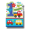 Invitación de primer cumpleaños PartyStore con diseño de vehículos coloridos, avión, helicóptero y camión