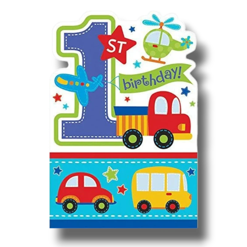 Invitación de primer cumpleaños PartyStore con diseño de vehículos coloridos, avión, helicóptero y camión