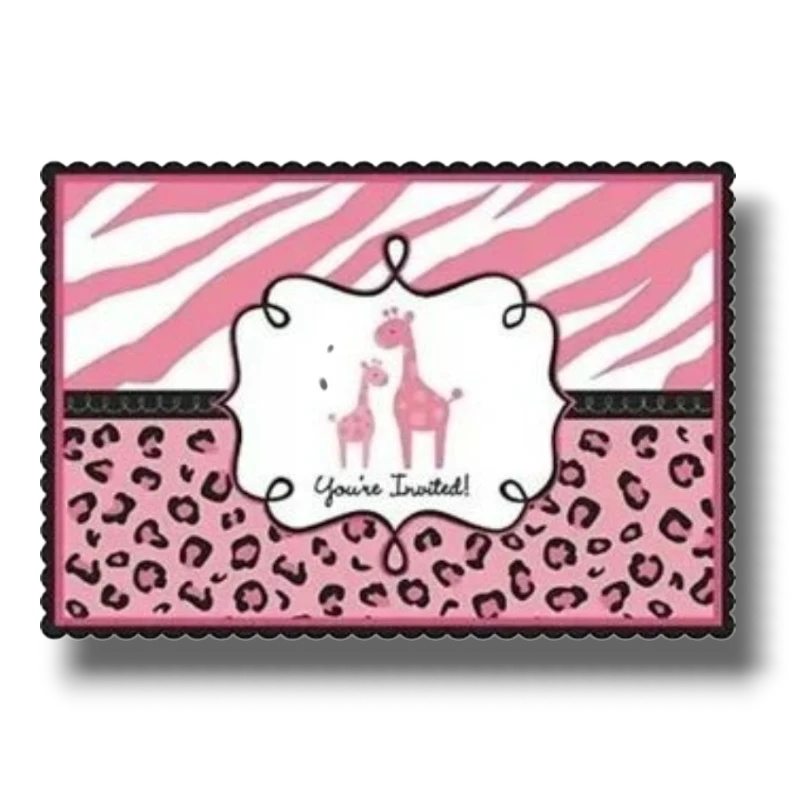 Invitaciones PartyStore con diseño de jirafas, estampado de cebra y leopardo en tonos rosa y negro, paquete de 20