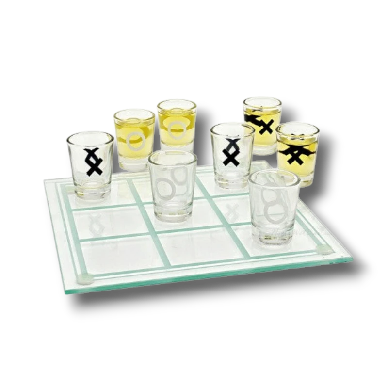 Juego del Gato Tequilero PartyStore con tablero de cristal y vasos de chupito marcados con X y O