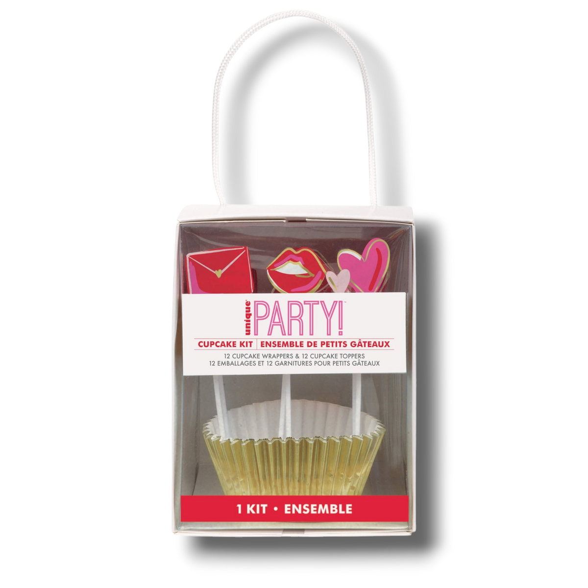 Kit de PartyStore con 12 capacillos dorados y toppers decorativos de labios, corazones y sobres para cupcakes