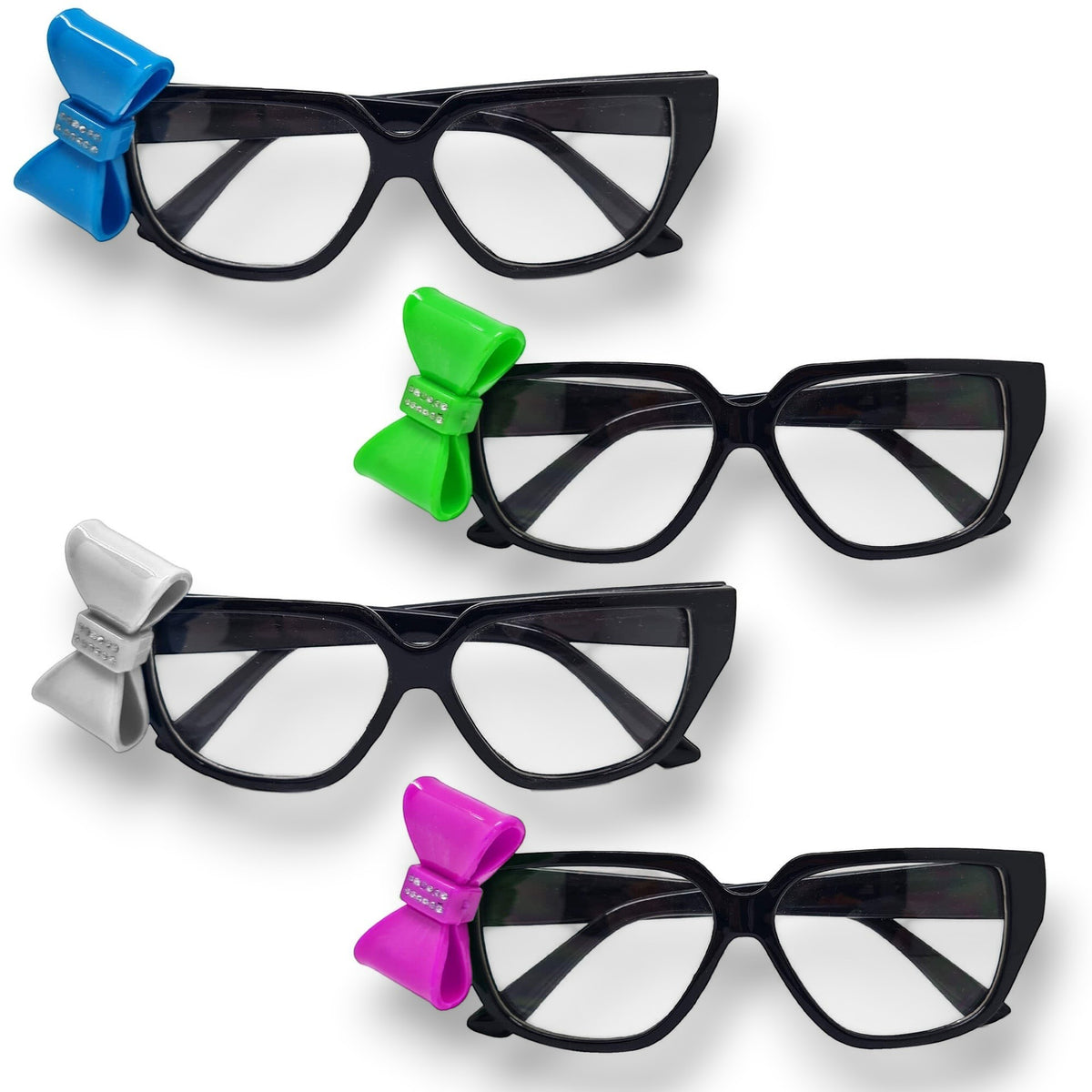 Lentes Nerd Con Moño PartyStore de plástico negro con lazos decorativos en colores azul, verde, gris y rosa