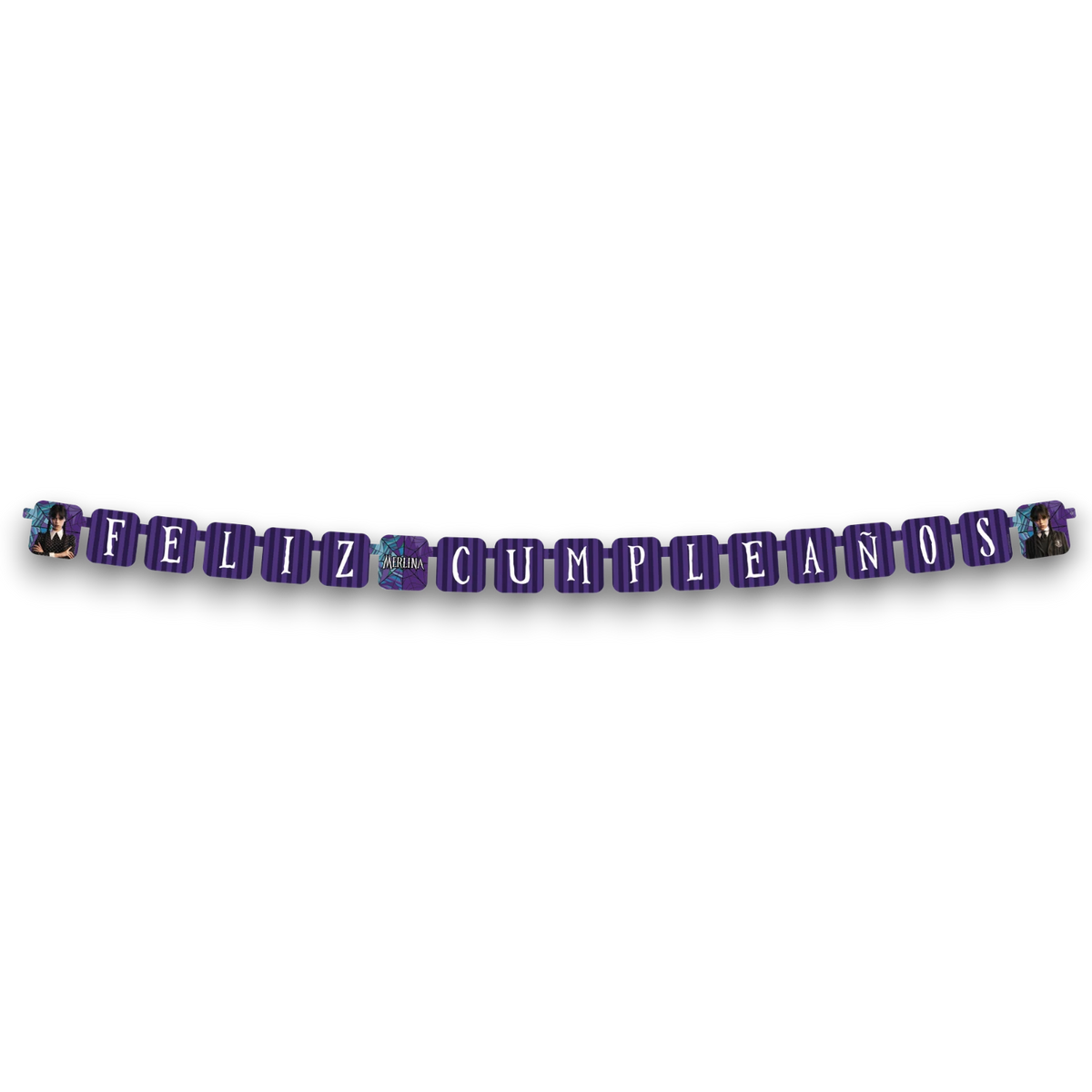 Letrero móvil de Feliz Cumpleaños con temática de Merlina de PartyStore en tonos morado y negro con telarañas
