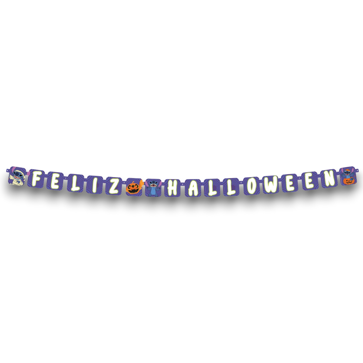 Letrero móvil PartyStore de Stitch para Halloween con letras moradas y naranjas, ideal para decoración temática.