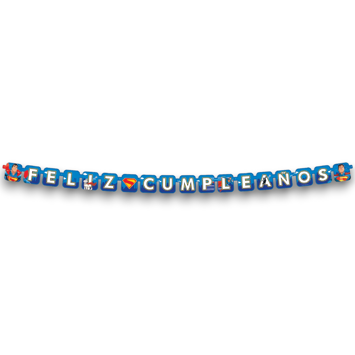 Letrero móvil de Feliz Cumpleaños con temática de Superman de PartyStore, decorado con el superhéroe y su perro.