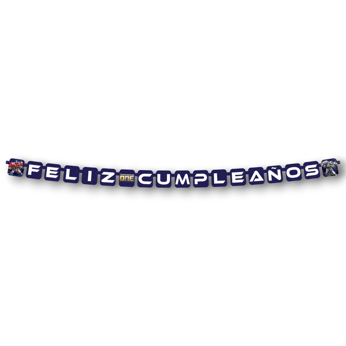 Letrero móvil de feliz cumpleaños con temática de Transformers One de PartyStore, decorado con Optimus Prime