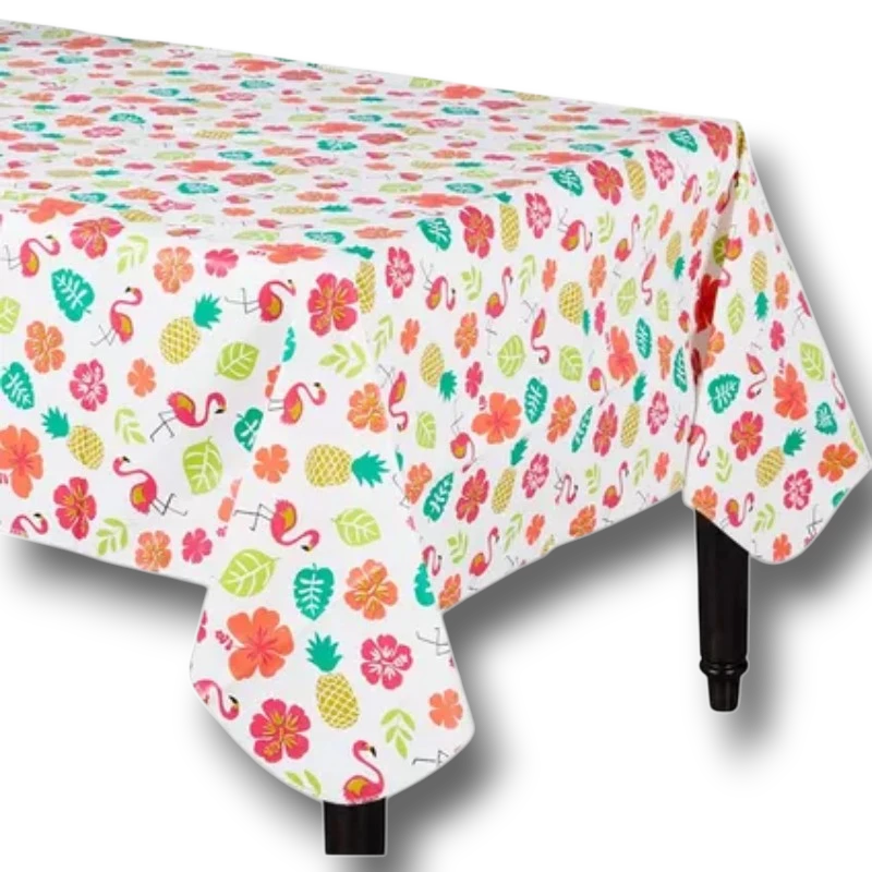 Mantel PartyStore con estampado tropical de flamencos, piñas y flores de hibisco sobre fondo blanco para fiestas
