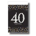 Mantel PartyStore Sparkling Celebration con el numero 40 en plata y detalles de confeti dorado y plateado sobre negro