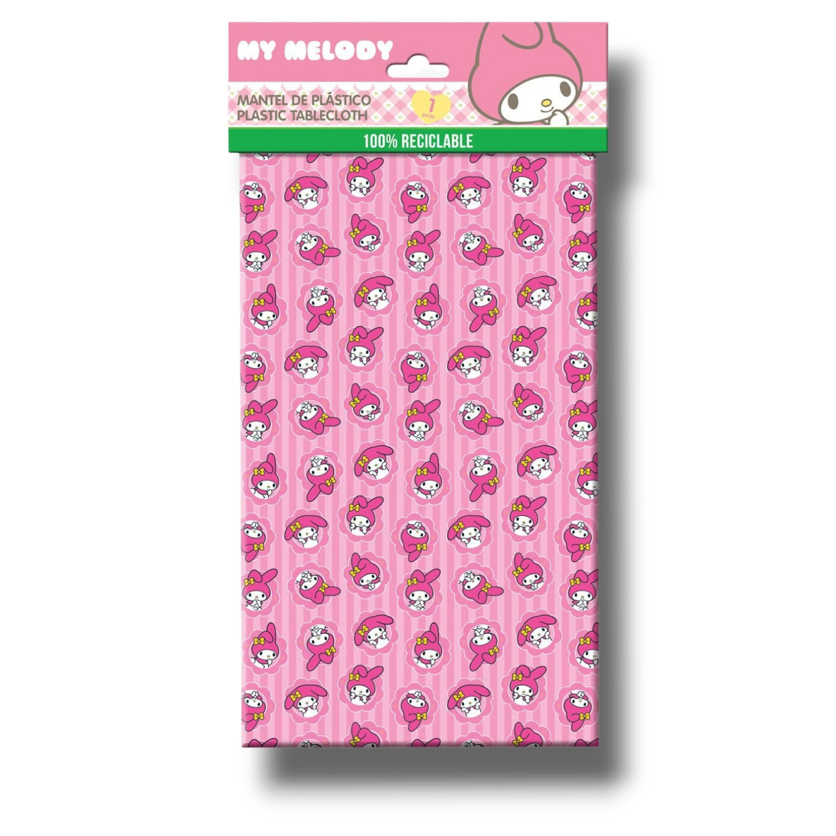 Mantel de plástico PartyStore con estampado de My Melody y flores sobre fondo de rayas rosas para fiestas infantiles